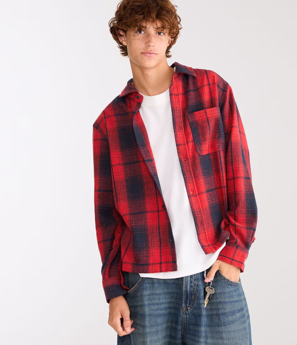 Long Sleeve Plaid Boxy Flannel Shirt