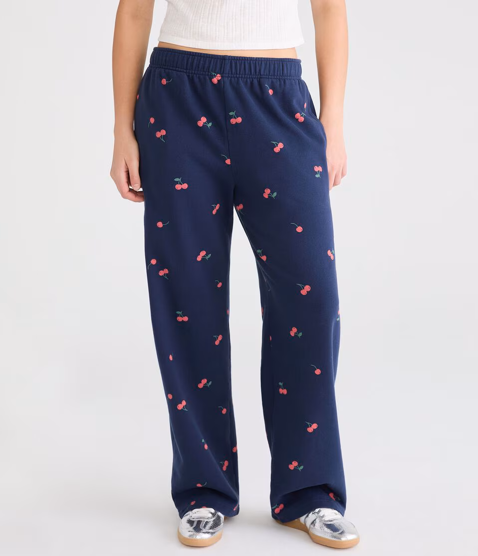 Cloud Soft Cherry Print Mid-Rise Straight Leg Sweatpants