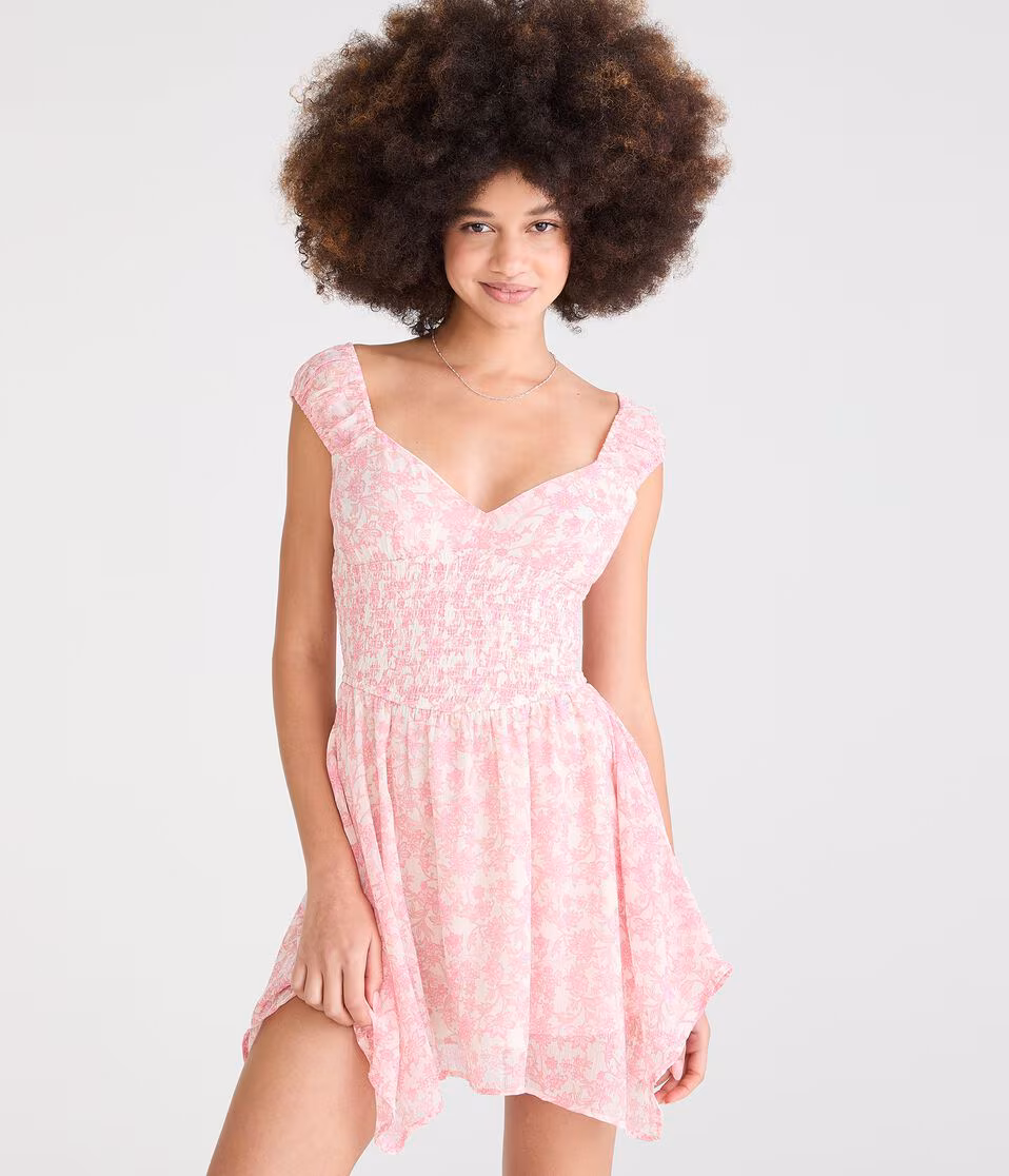 Floral V-Neck Handkerchief Hem Mini Dress